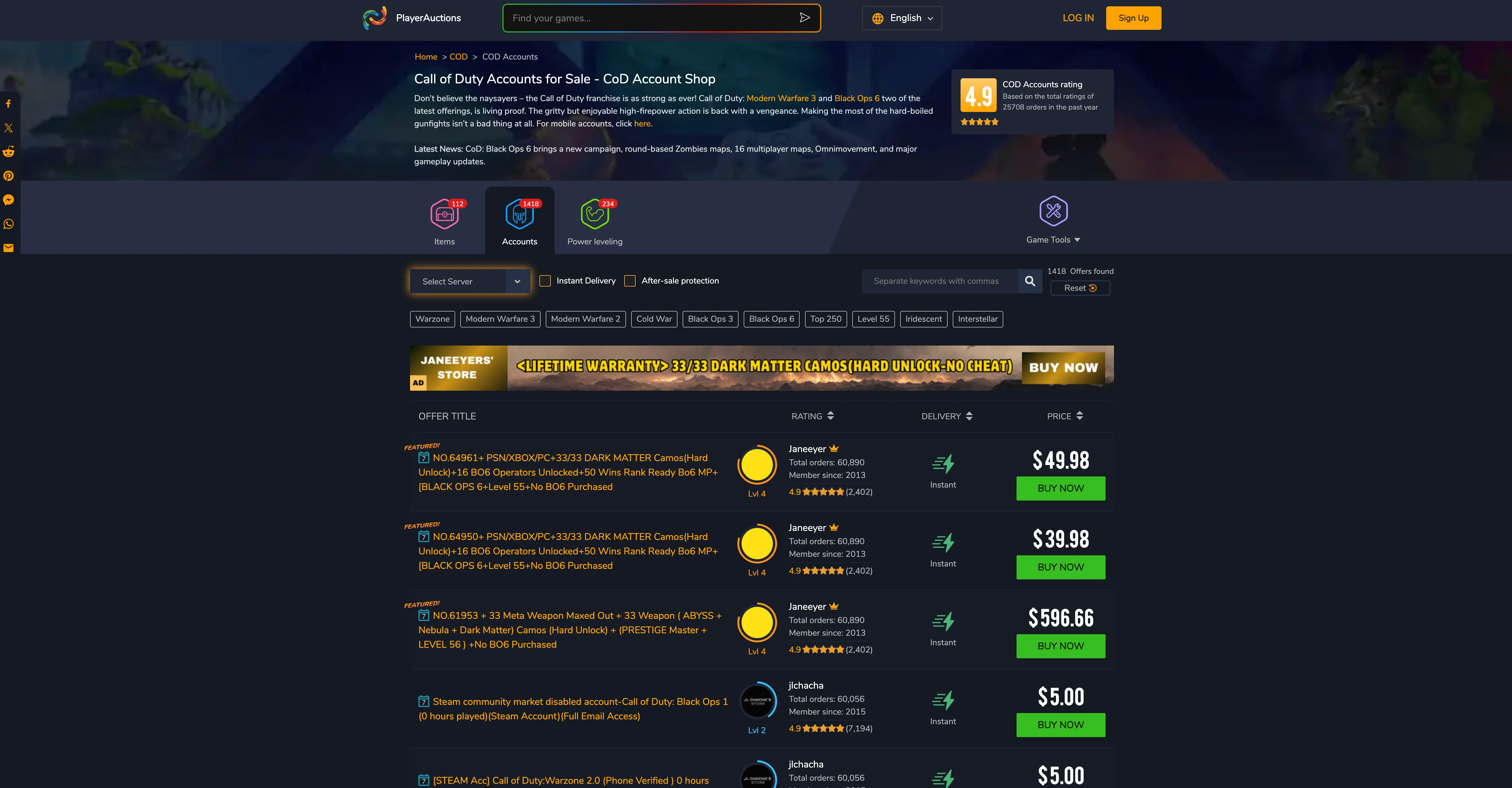 PlayerAuctions cod accounts